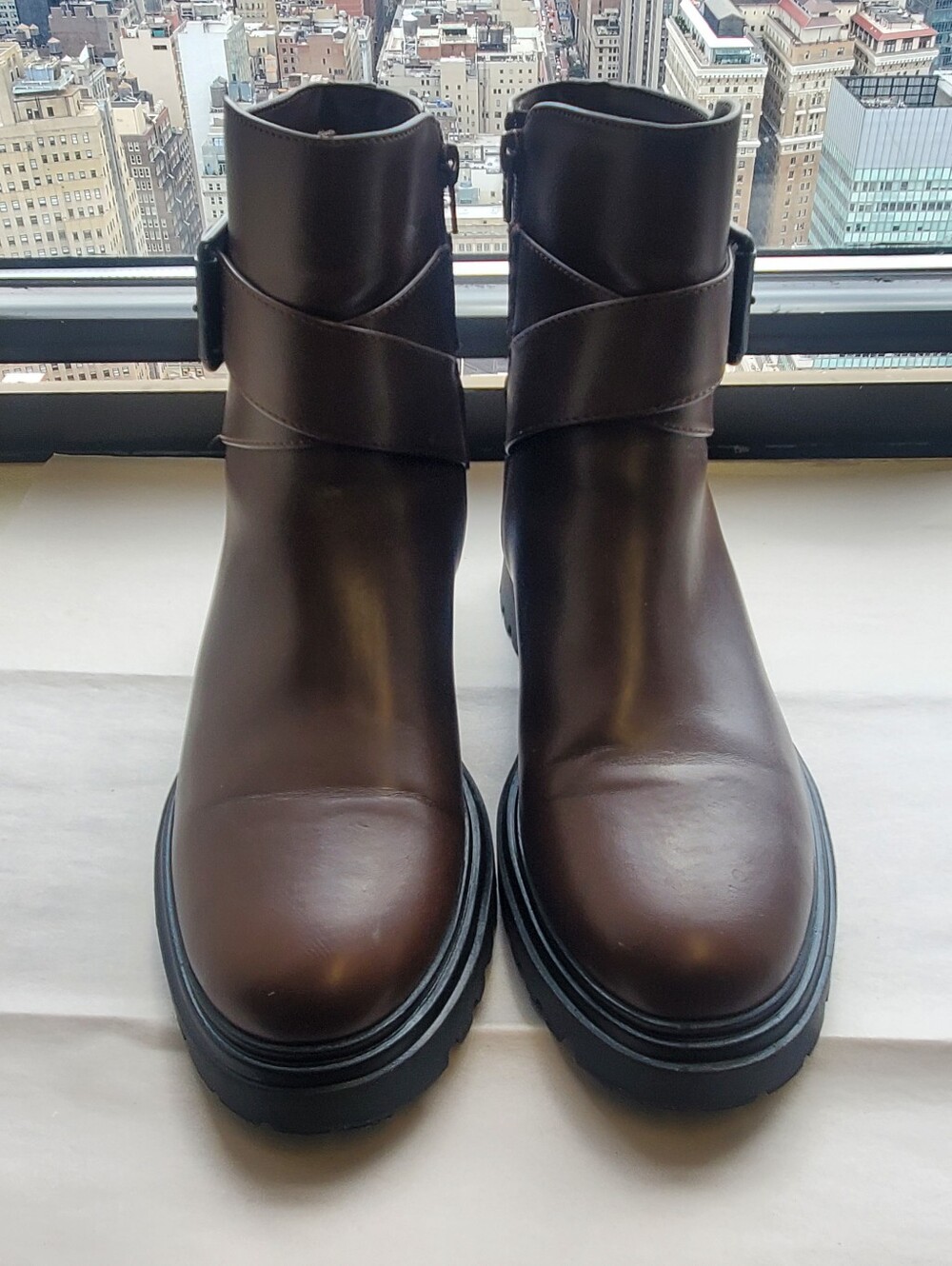 Women's Dark Brown Faux Leather Ankle Boots with Strap